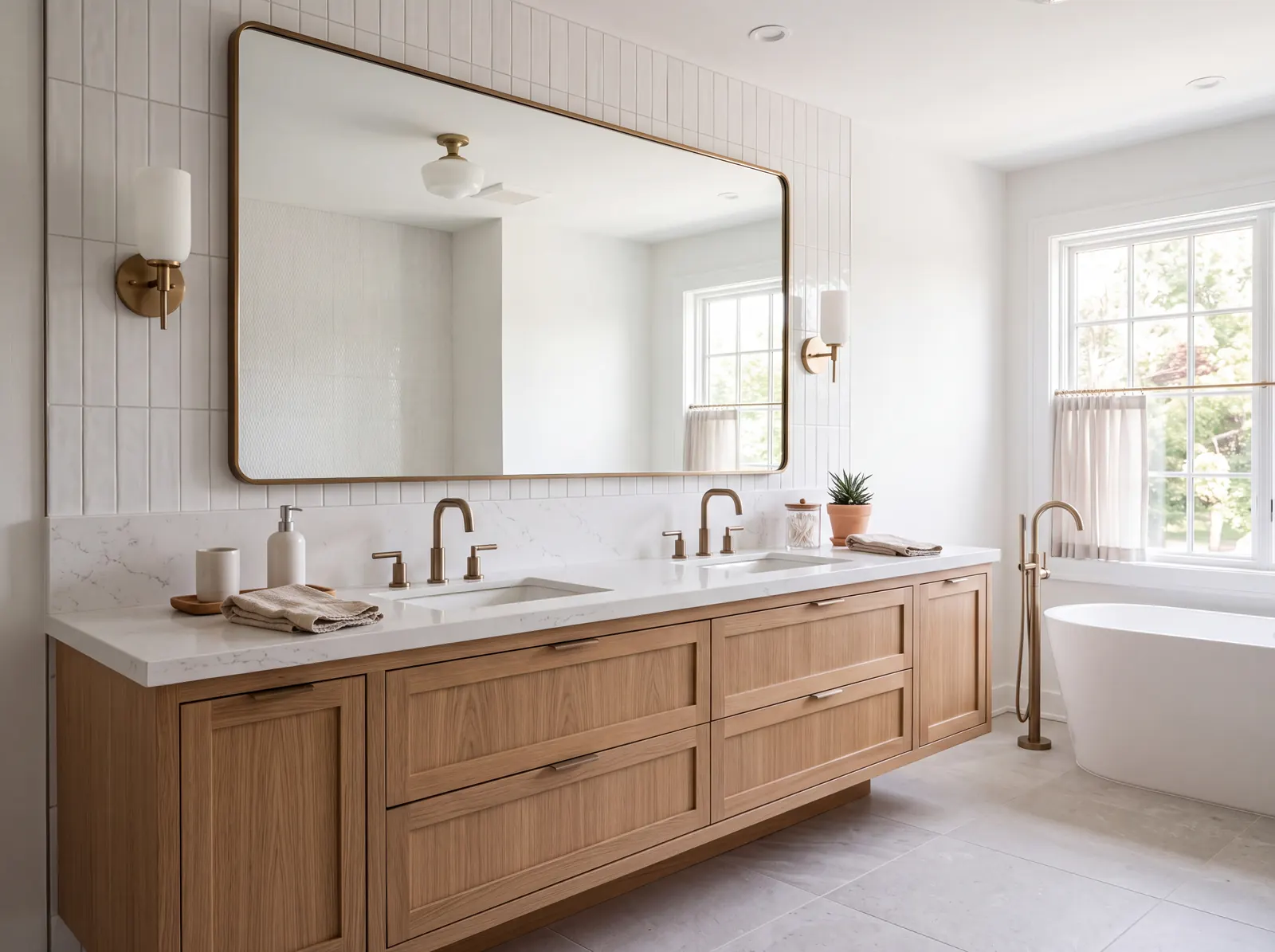 Design concept: double vanity with a white quartz top and oak cabinetry
