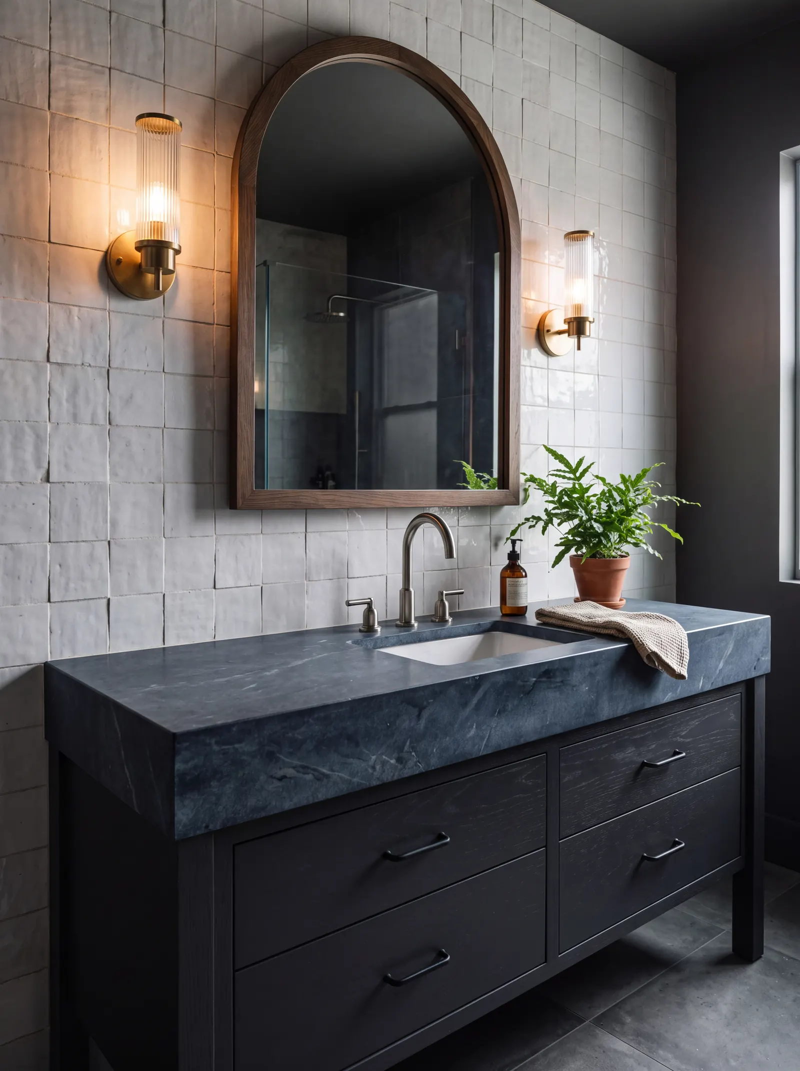 Design concept: dark soapstone vanity top in a modern bathroom
