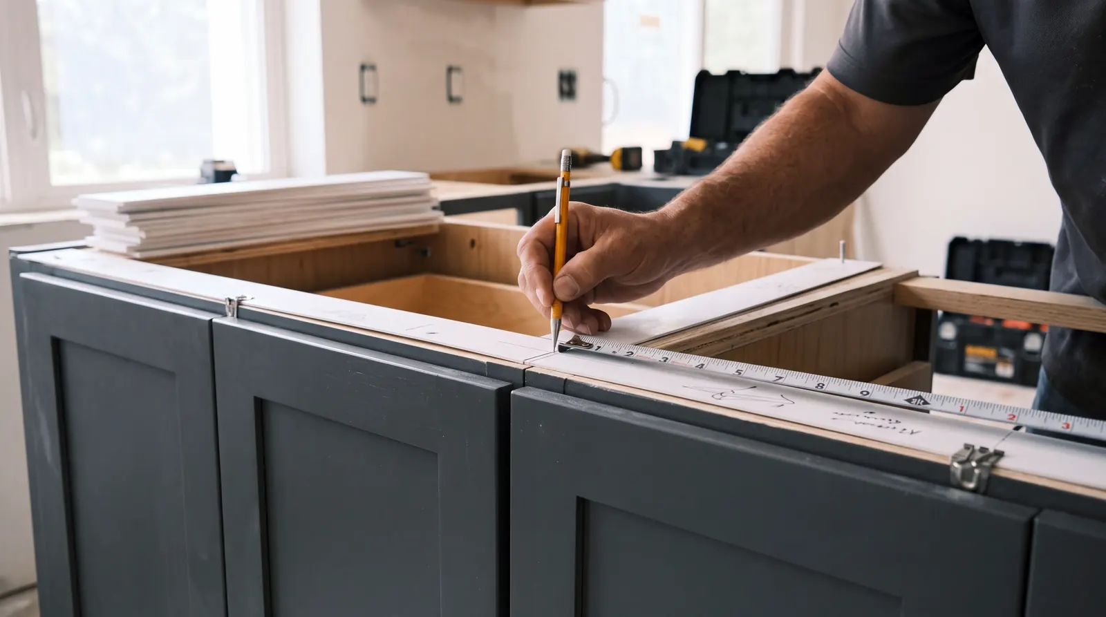 Measuring and marking a countertop template on new base cabinets